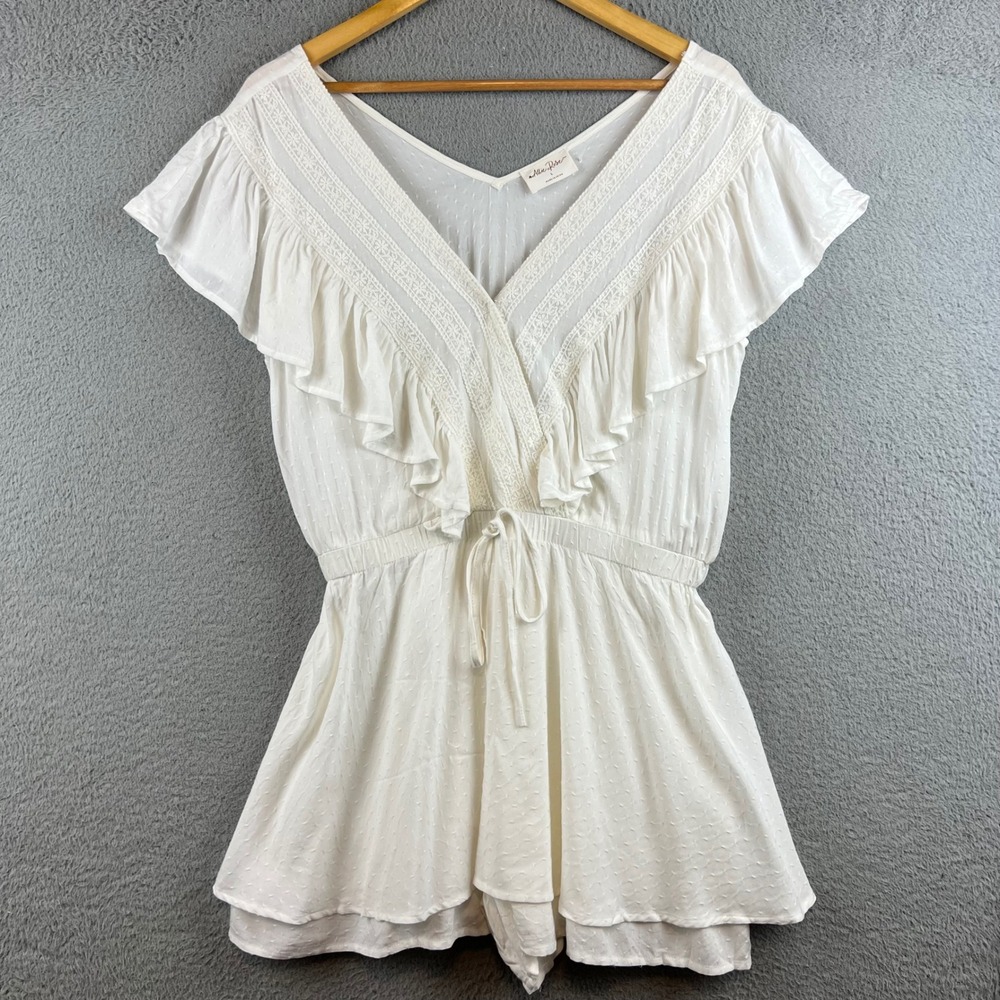Allie Rose White Swiss Dot Romper Lace Trim Ruffle V-Neck Short Sleeve Large